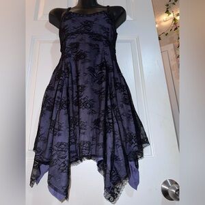 WIDOW Gothic-style purple mini dress with black lace overlay